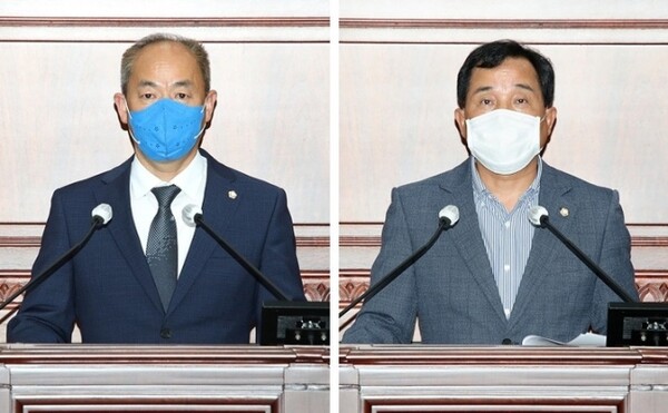 정읍시의회의 제277회 제1차 정례회 본회의에서  '5분 자유발언'을 하고 있는 김석환 의원(왼쪽)과 건의안 제안설명 중인 오명제 의원(오른쪽)의 모습이다.정읍시의회 제공
